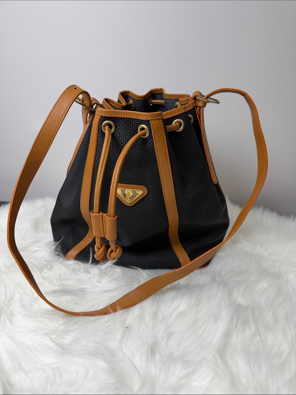 Vintage Yves Saint Laurent YSL Black Brown Leather Drawstring Bucket Bag